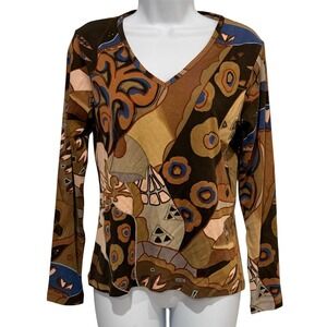 Lynne Ritchie Women Knit Top M Silk Cotton Abstract V-Neck Long Sleeve Artwear